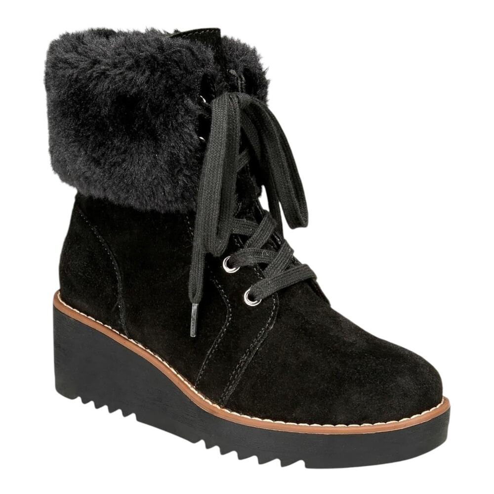 Style & Co Women's Iggyy Suede Faux Fur Lined Wedge Heel Booties Black Size 7
